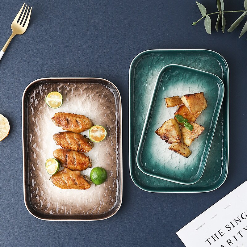 Ceramic household tableware high temperature glaze underhand color 10 inch rectangular plate simple plate unevenness fa