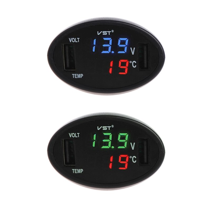 Auto digitale led thermometer voltmeter auto usb lader batterij monitor temperatuurmeter