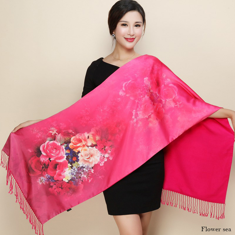 hiver Double côtés cachemire écharpe femmes long Pashmina Tippet femelle châles et Wrap Foulard femme floral foulards en soie: 16