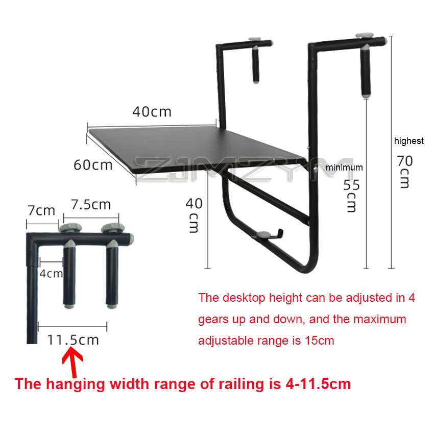 HIR1371 Kleine Mini Europese Moderne Eenvoudige Tuin Balkon Reling Metalen Koolstofstaal Wandmontage Vouwen Opknoping Leren Tafel: black 4-11.5cm