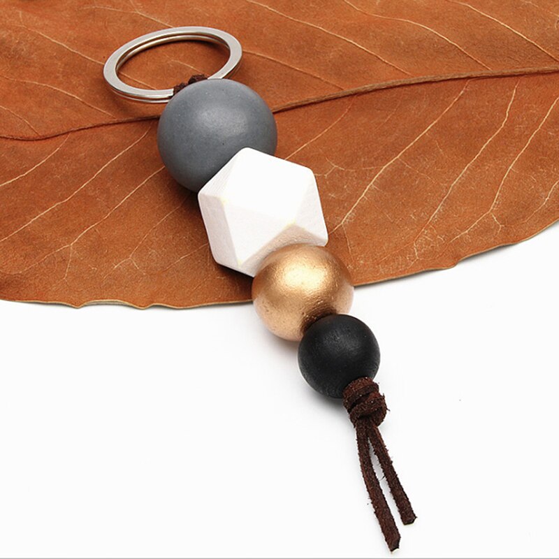 Multicolor Geometric Wood Beads Keychain For Bag Round Wooden Beads Keyrings Bag Accessories