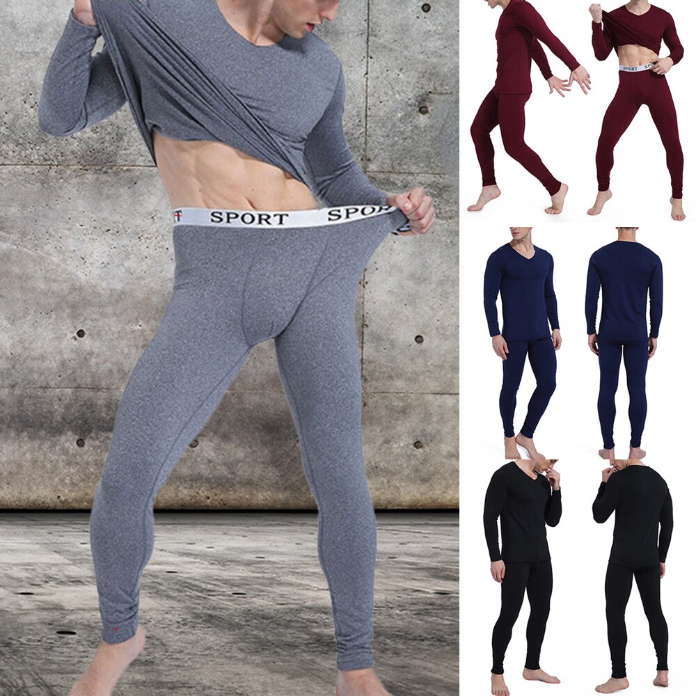 Men's Long Thermal Underwear Set V Neckline Warm Long John Baselayer100% Brand Men's Seamless Warm Suit