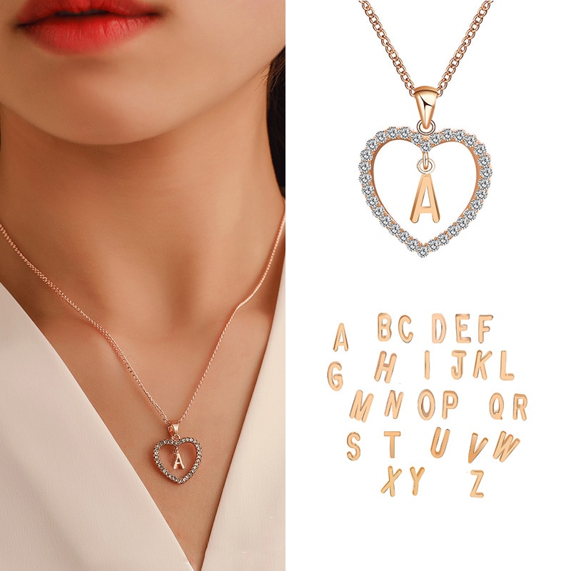 Trend Romantic Initial Letter Necklace Love Heart Pendant Necklace for Girls Women Alphabet Gold Crystal Trendy Necklace Jewelry