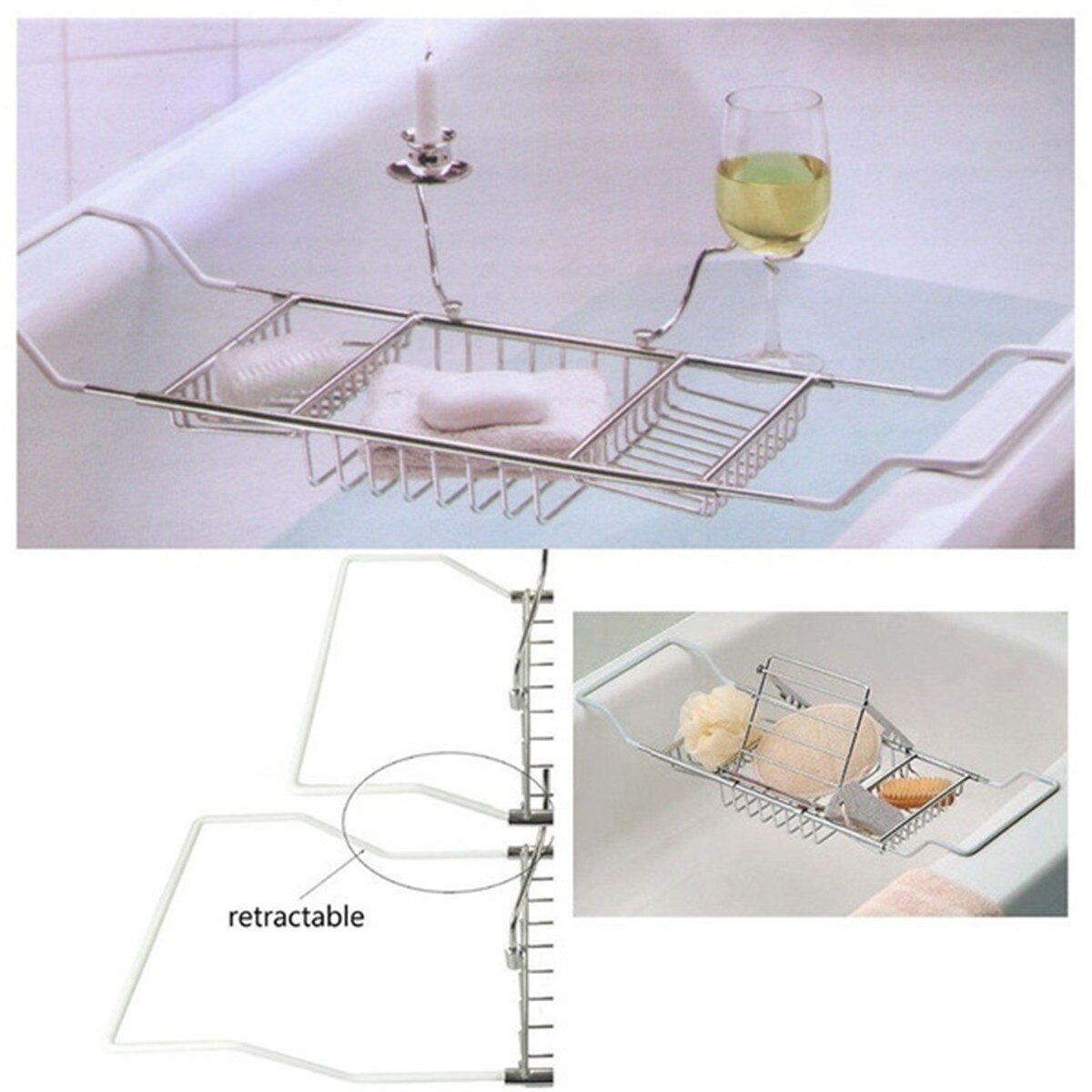 Extendable Stainless Scalable Bathtub Tray Bath Tub Racks Wine Book Holder Shower Organizer Bathtub Caddy Tray Bathroom Shelf