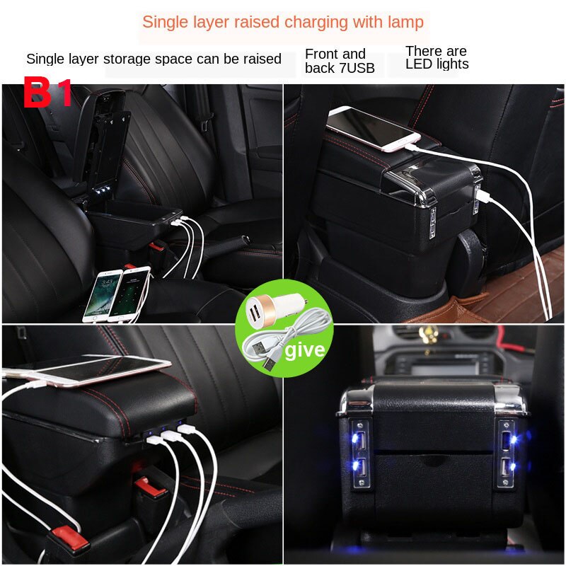 Universal Car Armrest central Universal model armrest box car accessories storage box modification Retrofit parts with USB LED: B1 LED black 7USB