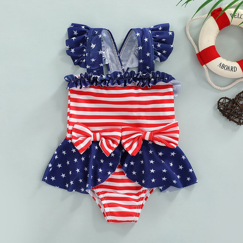 Kid Girl Swimming Bikini Outfit Independent Day Striped Star Print Summer Beach Bow Ruffle Bodysuit Swimsuit