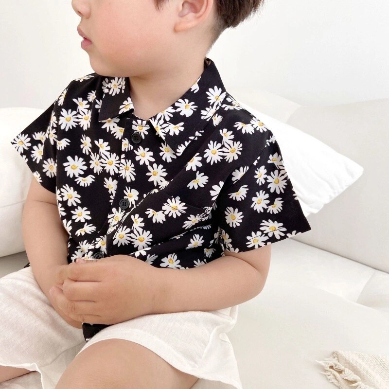 Verão 2021 meninos margarida imprimir camisas de manga curta estilo coreano crianças algodão casual fino topos roupas