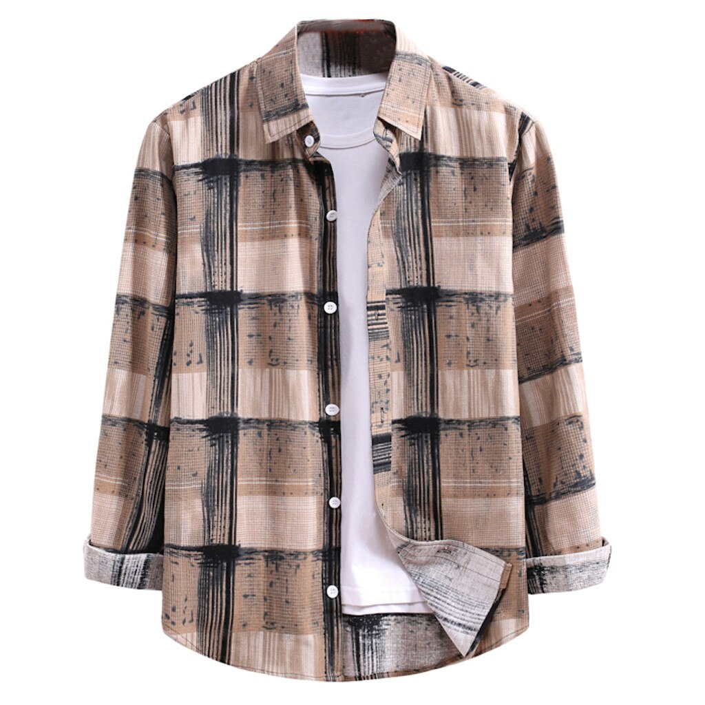 Casual camisa masculina camisa de manga comprida camisa de lapela de impressão xadrez camisa de manga comprida masculina marca baggy camisa casual chemise homme: Cáqui / M