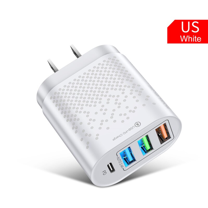 Uslion 4 Poort USB-C Charger 48W Usb Opladen Voor Iphone 12 Pro Max Macbook Xiaomi Pd Type C Muur laders Usb Charger: US Plug White