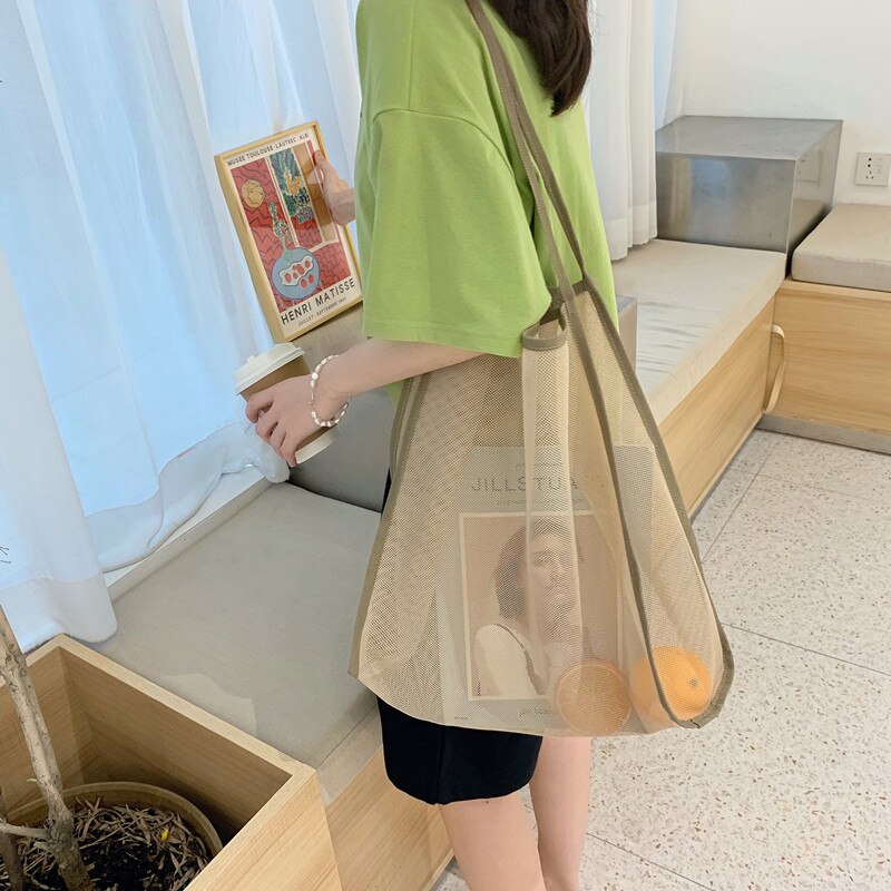 Hylhexyr Women's Shoulder Bag Mesh Totes Net Beach Bag Foldable Handbag Fruit Grocery Shopping Bags Large Capacity: Khaki