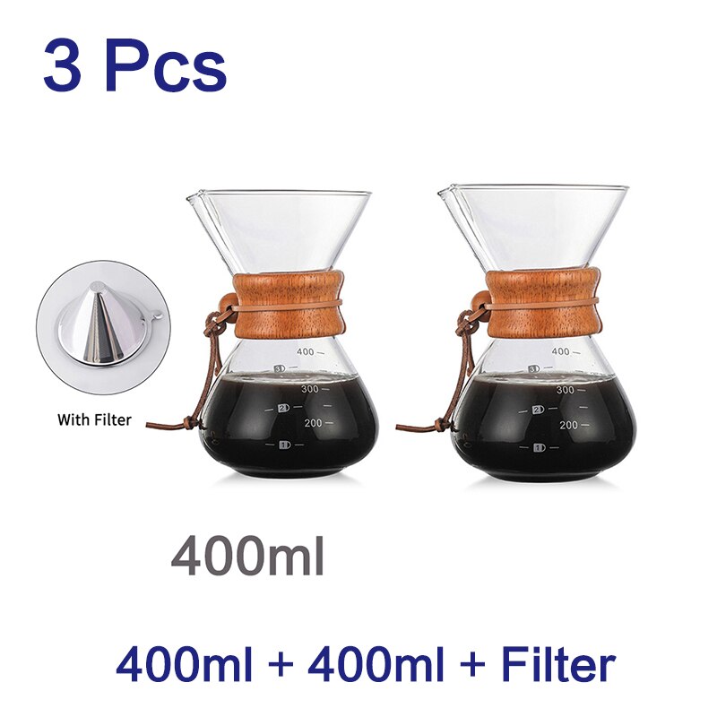 400ml 600ml 800ml Espresso Coffe Machine tea water Pot set Stainless Steel Filter Pot Resistant Glass Maker Coffee Pot: 400ml set