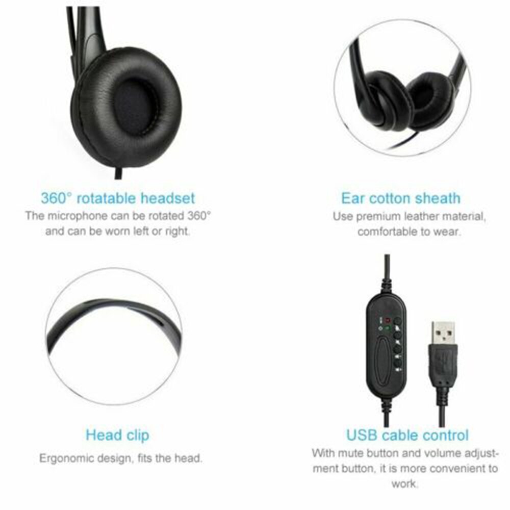 Wired Headphone USB Headset HD Lossless Sound Earphone Adjustable with Microphone for Computer PC Laptop Noise Cancelling ABS