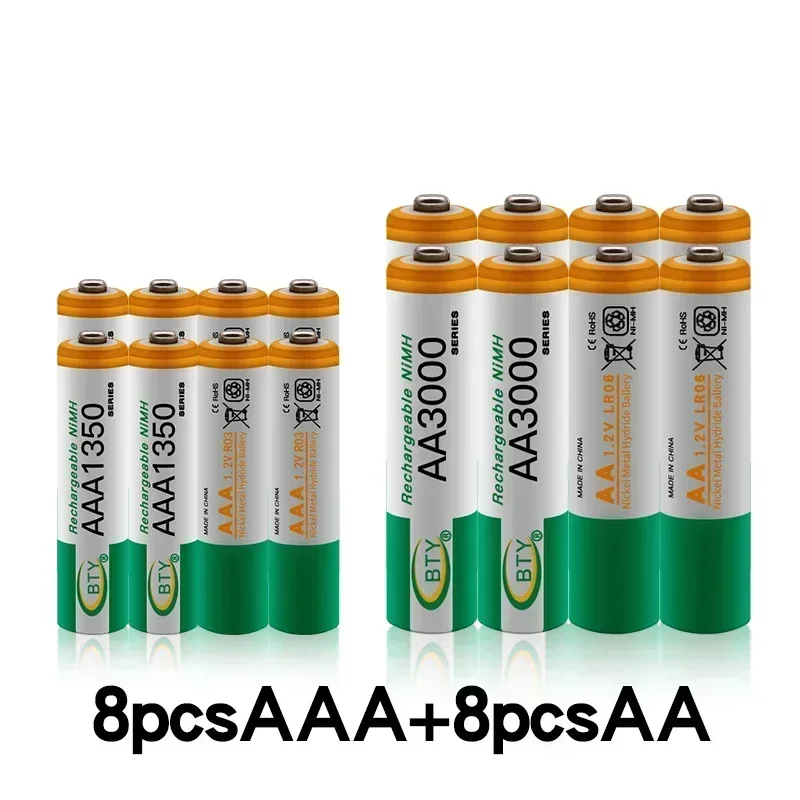 100% nuove batterie ricaricabili NI-MH da 1,2 V AA 3000 mAh + batteria AAA Batteria ricaricabile da 1350 MAh Batteria NI-MH da 1,2 V AAA: 3300 milioni