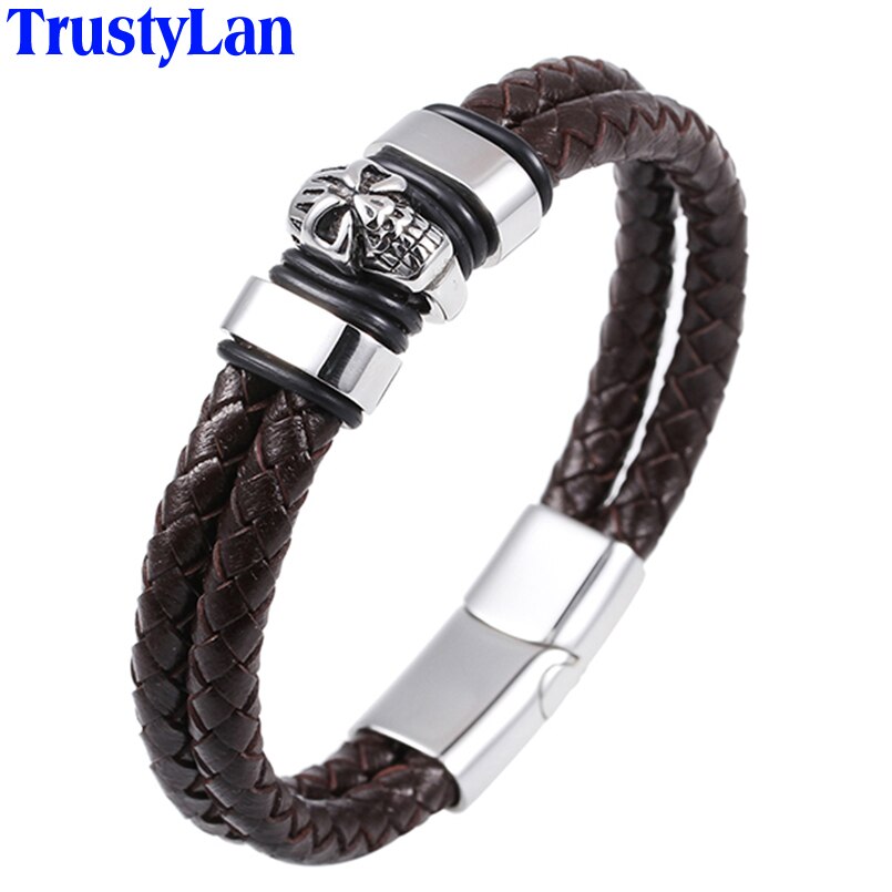 TrustyLan Leder Armbinde Männer Edelstahl Schädel Armbänder Armreifen Punk Felsen cool Armbinde Herren Schmuck Armbinde