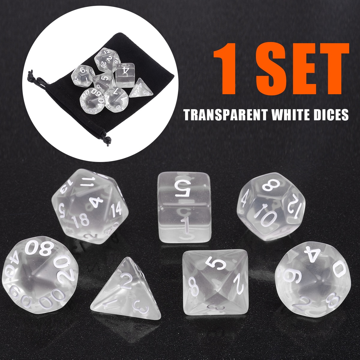 7pcs/lot White Polyhedral Transparent Dices Multi-side with Cloth Bag For RPG Game Role Playing Tools