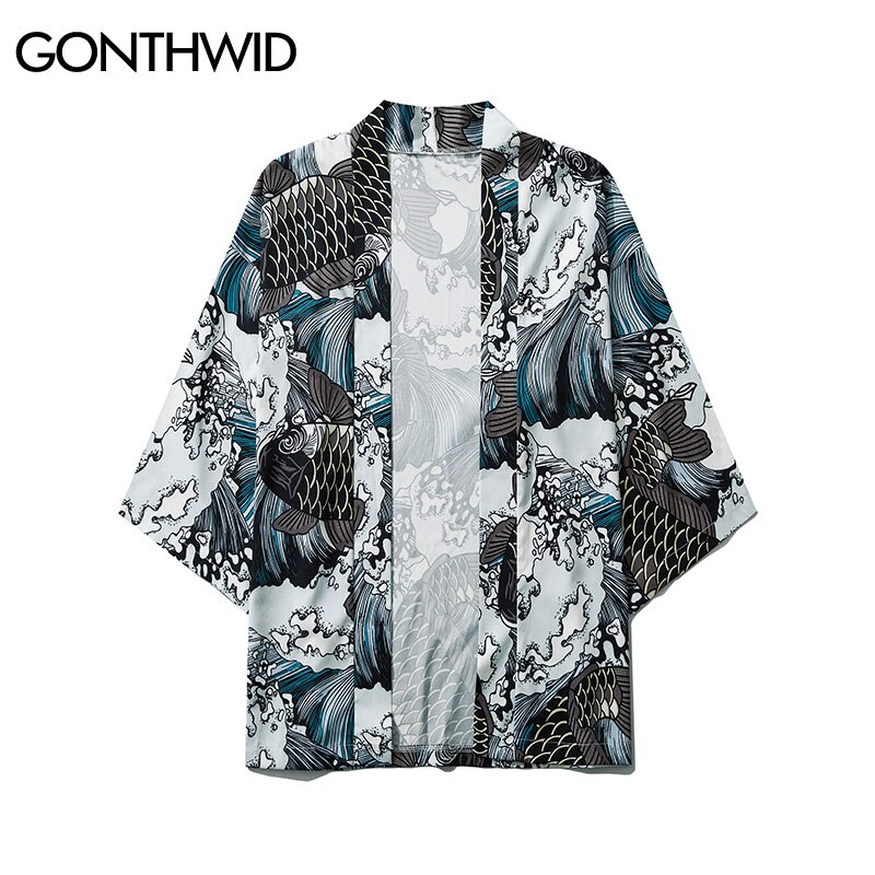 GONTHWID styl japońnarty karp Koi ryby Seawaves drukuj kardigan kimono koszule męskie zwykły otwarte przednie kurtki płaszcze topy znosić