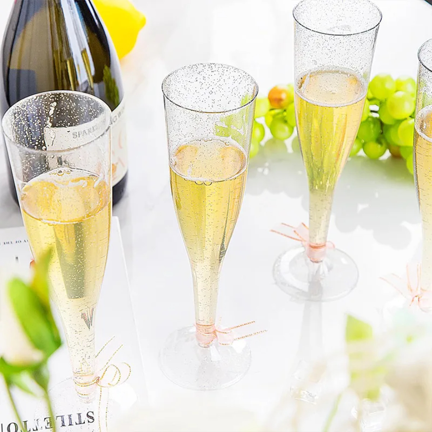 Clear Champagne Flutes Stemmed Party Wine Cups Crystal Wine Cocktail Cups Plastic Glitter Champagne Flutes Reusable