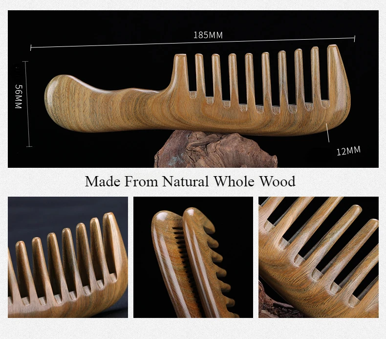 Peine de sándalo verde Natural de 19cm, peine de madera electrostático con mango largo para cabello rizado y liso, herramienta de peluquería antiestática