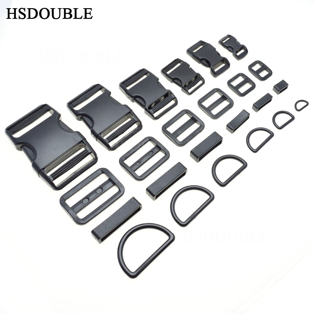 1 set 10mm 15mm 20mm 25mm 30mm 38mm Plastic Slider Adjustable D Rings Belt Loop Curved Side Release Buckles For Paracord