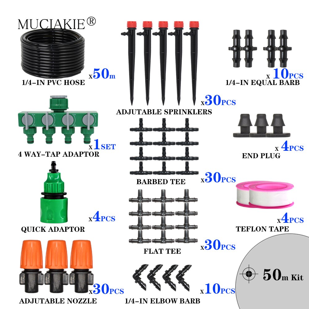 Muciakie garden 1/4 &quot; slange drypvanding automatisk vanding kit tåge spray kølesystem med justerbar drypper controller: 50m 4 l 7 sæt
