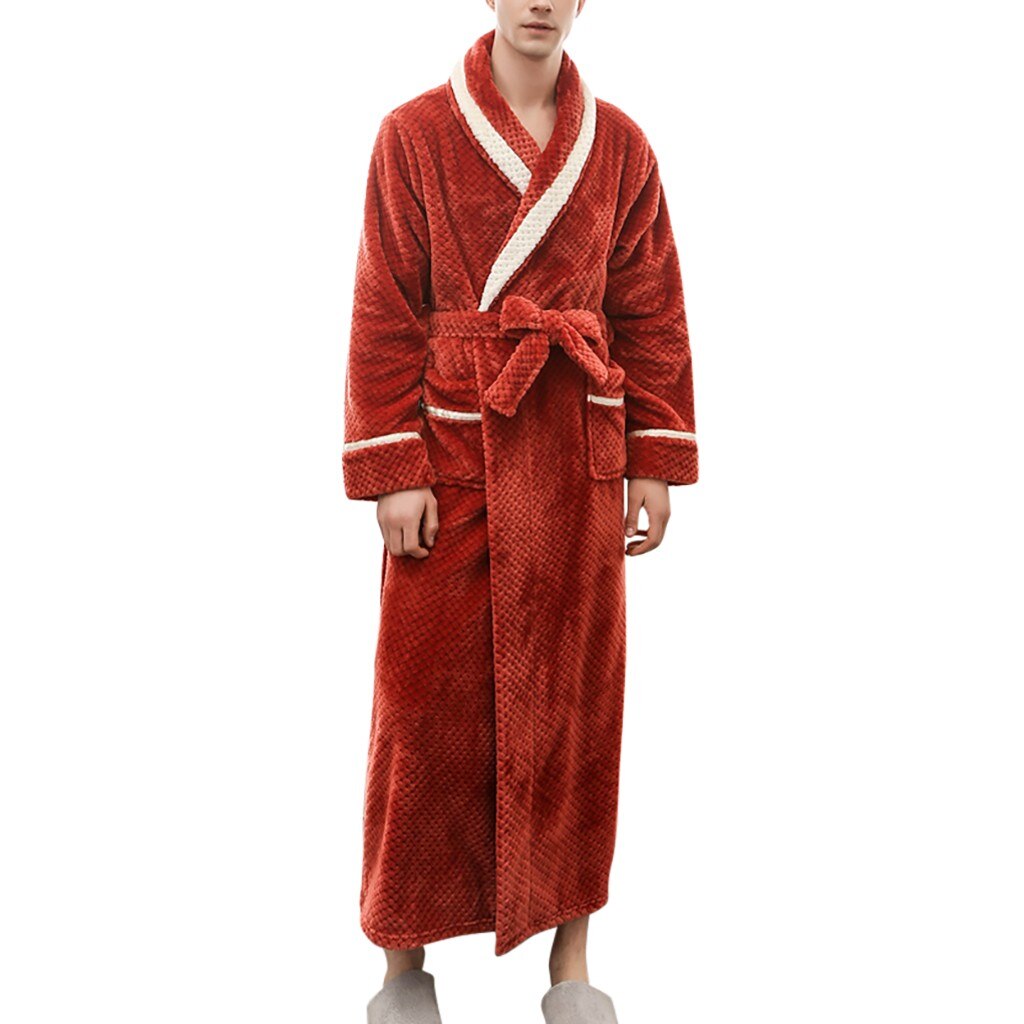Couples Bathrobe Men Sleepwear Winter Lengthened Bathrobe Splicing Home Clothes Long Sleeved Robe Coat szlafrok Bath Robe: Red / M