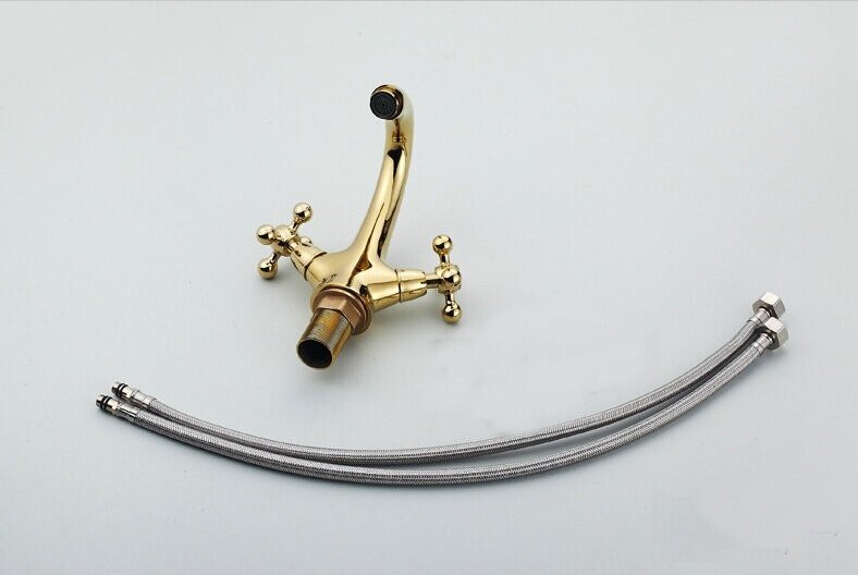 Robinets mélangeurs à col de cygne plaqué or | Robinets de lavabo, Double poignée chaude et froide, robinetterie d'évier monté sur le pont, grue G1005