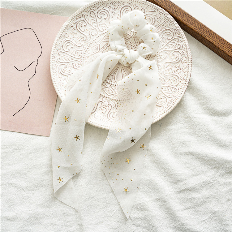 Gomas elásticas para el pelo para mujer, lazos con estampado de , lazos para el pelo de seda de estrella, de lazo de cola de caballo, accesorios para el cabello que combinan con todo: Blanco