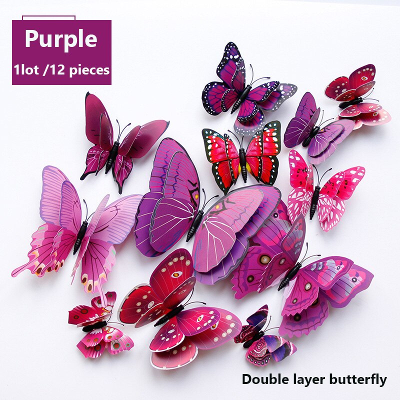 12 pièces/lot multicolore papillon Stickers muraux Double couche 3D bricolage papillons Stickers muraux pour décor à la maison salon: VIOLET