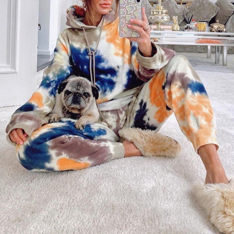 Women Jogging Suit 2 Pieces Tracksuit Tie-dye Printed Sweatsuit Casual Hoodie And Sweat Pants Two Piece Set Outfit