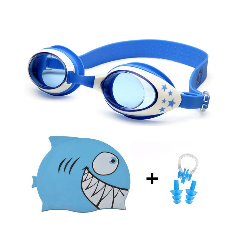 Børn svømmebriller silikone hajhætter dykkerbriller ørepropp næse sæt vandtæt børn svømme pool briller dreng pige: Blå haj