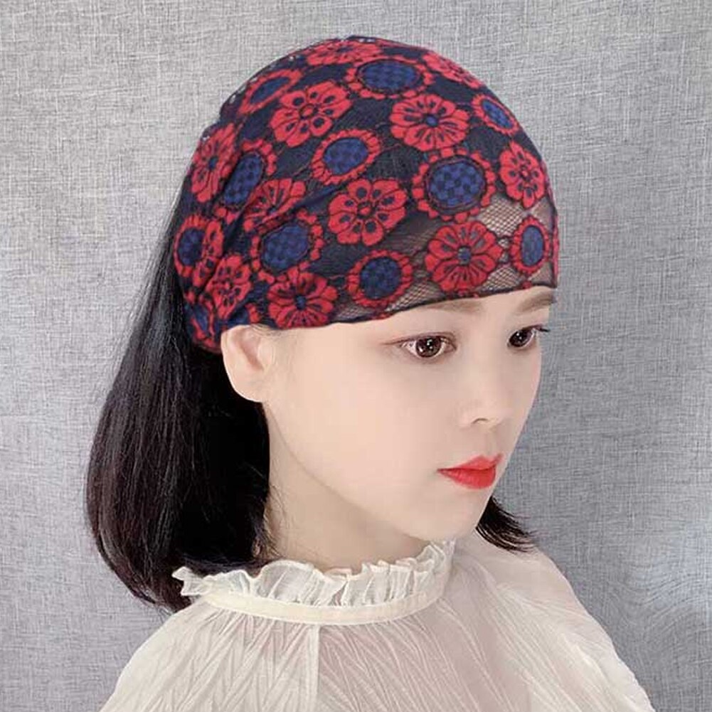 Vrouwen See Through Floral Lace Stretch Brede Head Band Haarband Bandana Headwrap