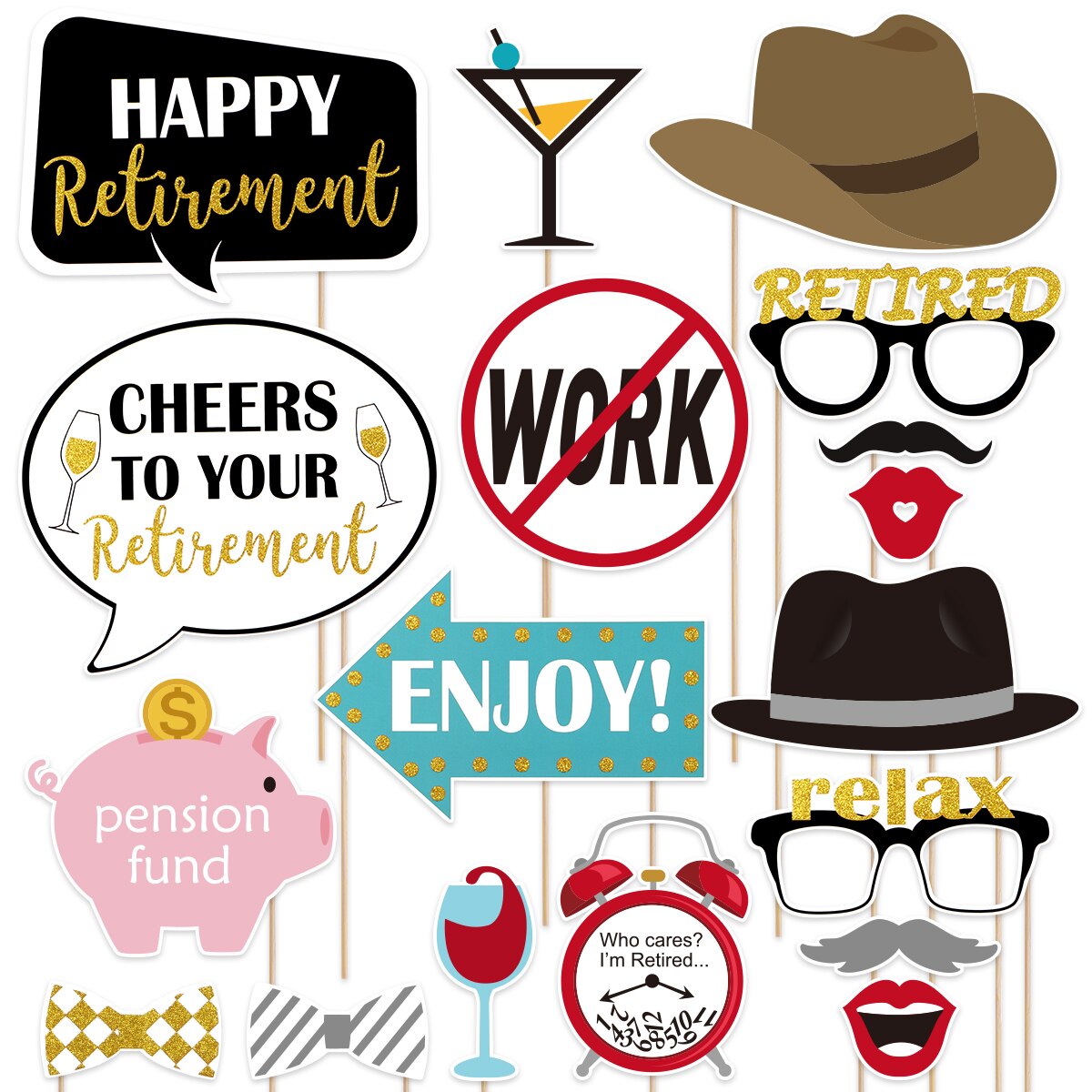 Amosfun 18PCS Retirement Photo Booth Props Kit Party Props Glittering Dress-up Supplies for Theme Party Favors Decorations