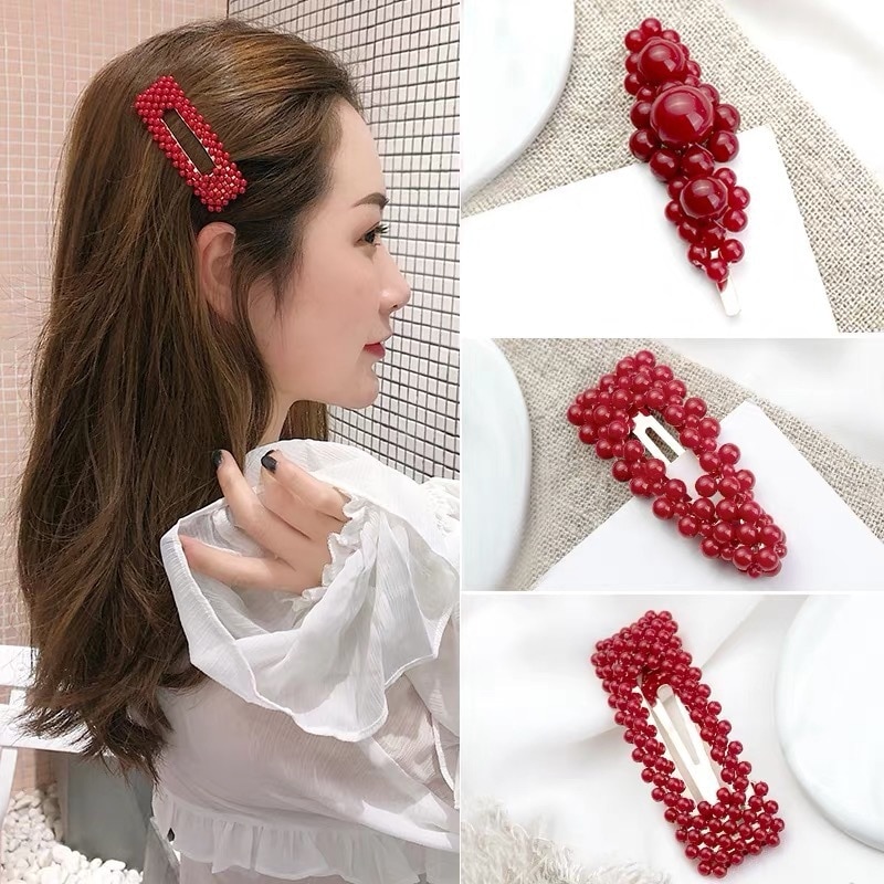 1Pc Rode Parel Haar Clip Voor Vrouwen Meisjes Elegante Koreaanse Snap Barrette Stok Haarspeld Haar Styling Accessoires