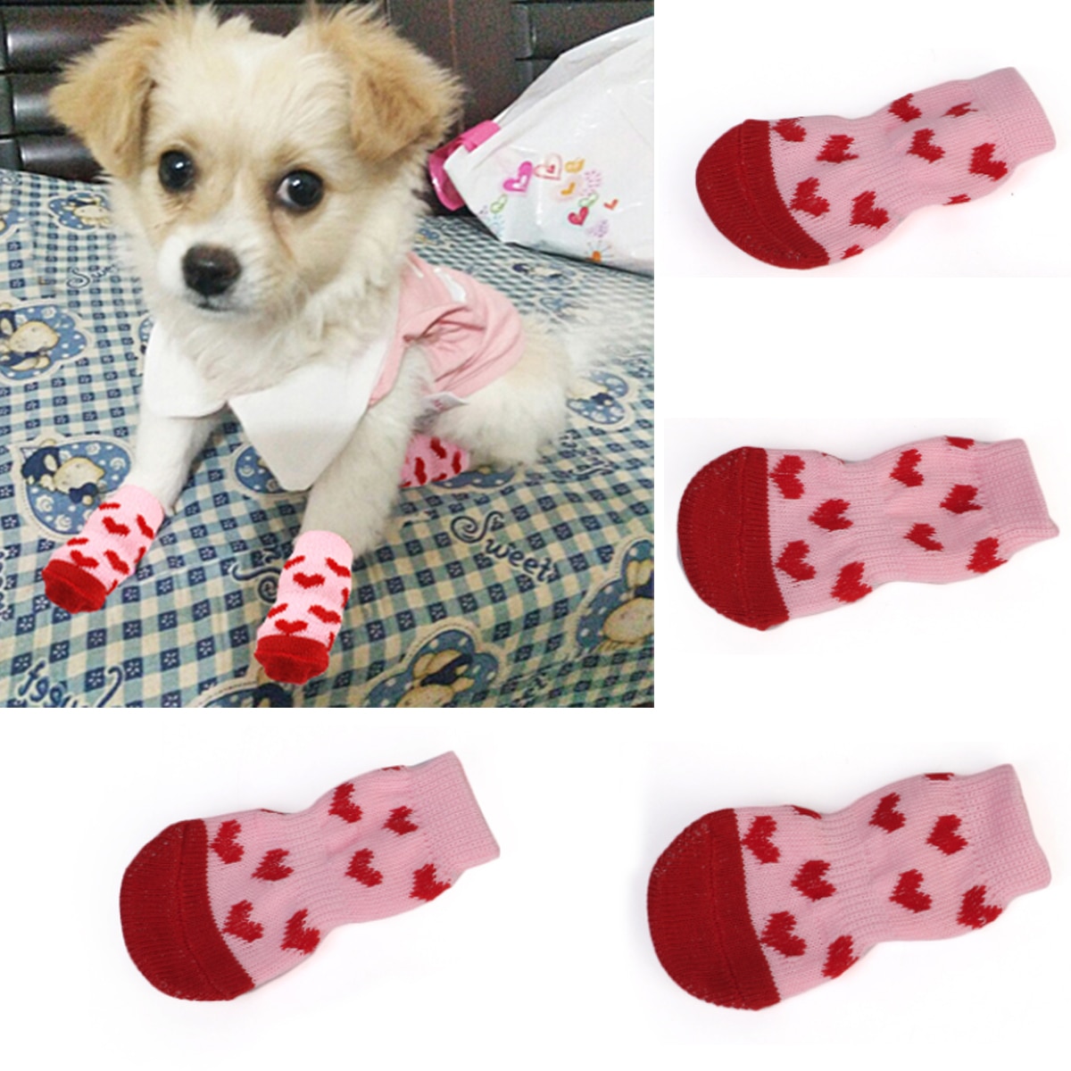 4 st hundvalp skor söta tecknade halkfria stickade husdjursstrumpor mjuka varma hundstövlar hund katt vinterkläder