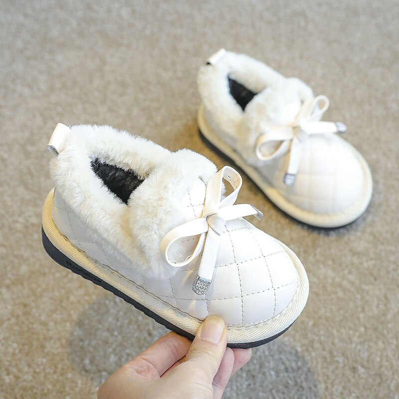 Schleife, #39 , nähmädchen-stiefeletten, flauschig, warm, schneestiefel für freundlicher, bequem, dick, rutschfest, #39 für freundlicher: Beige / 32 ( einlegesohlen 19.6cm)