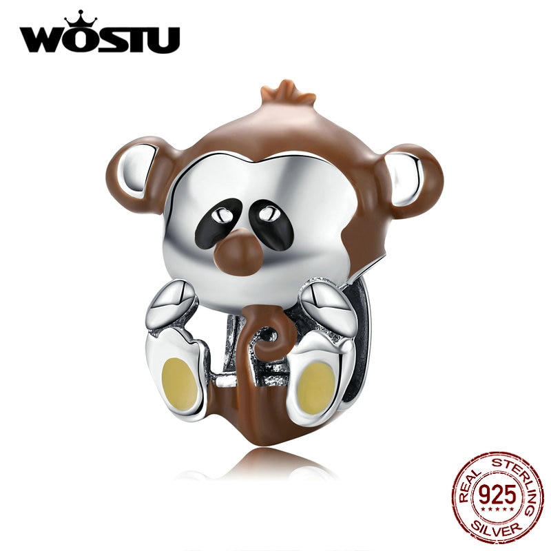 WOSTU Real 925 Sterling Silver Naughty Monkey Animal Beads Brown Charms Fit Original Bracelet Necklace For Women Jewelry CTC125