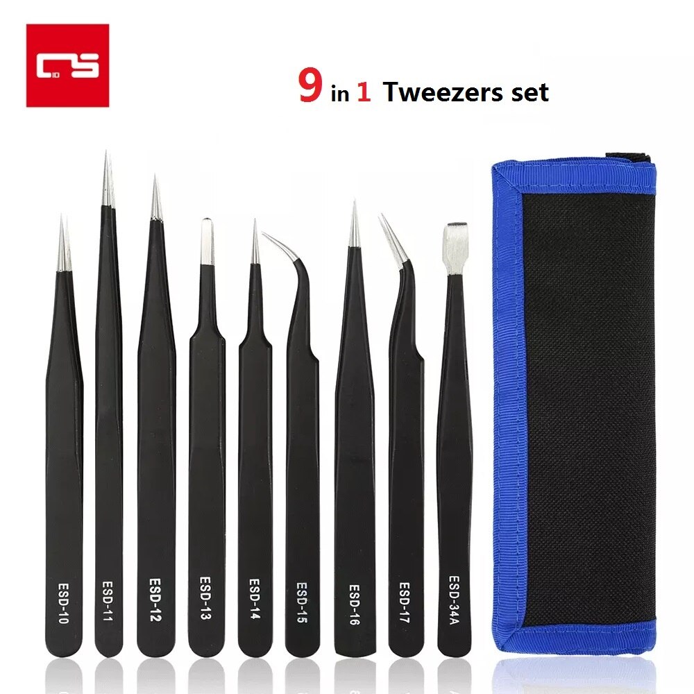 Tweezers Set Precision Anti-static Stainless Steel ESD Tweezers for Mobile Phone Watch Camera Laptop Hand Repair Tools Clip