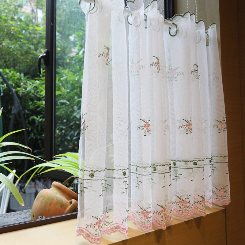 Lace Short Curtains for Cabinet Closet Door Coffee Kitchen Curtains Floral Embroidery Half Curtain Pastoral Window Valance: W130 x H80CM