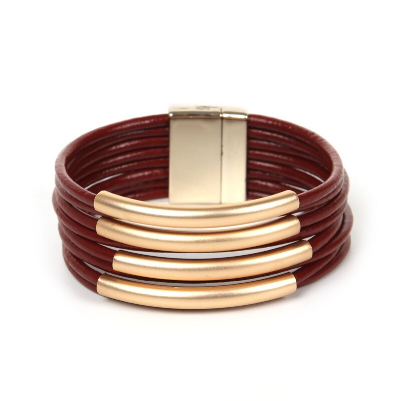 Allyes Bohemian Multilayer Lederen Armbanden Voor Vrouwen Mode Chocolade Wrap Armband Vrouwelijke Sieraden Party: Red