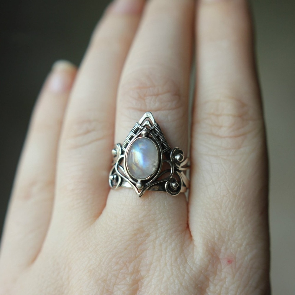 Anillo Punk Vintage para mujer, piedra lunar llena de oro blanco, , boda, joyería de