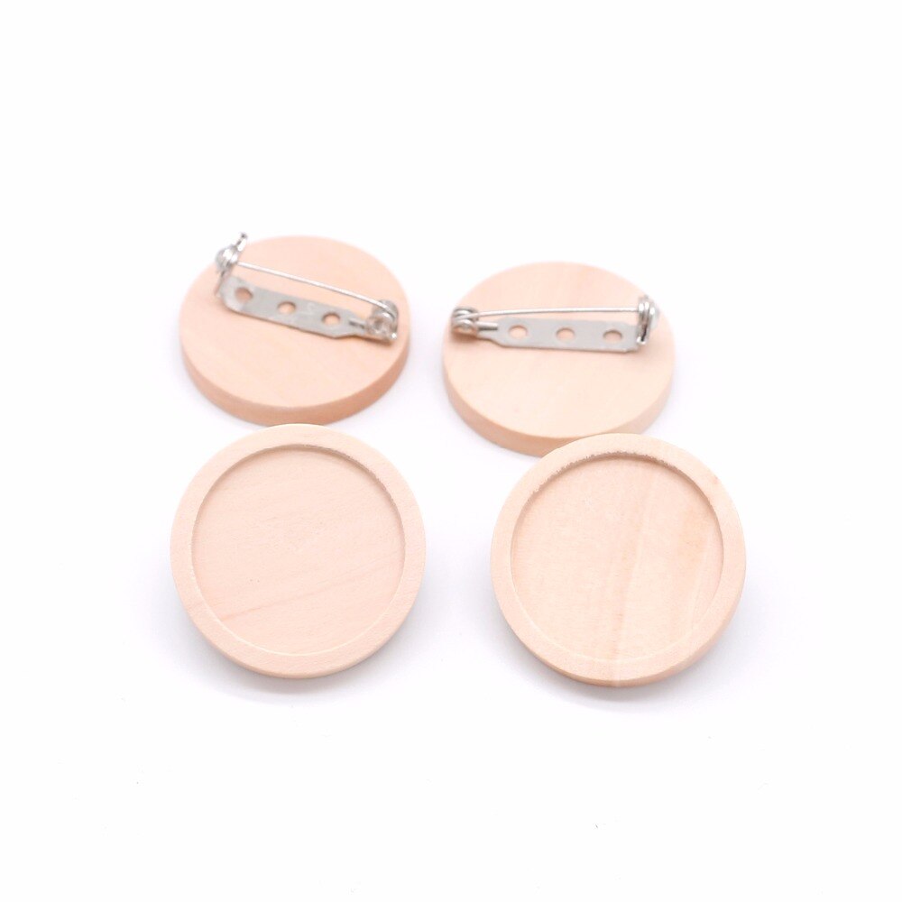 10 unids/lote de broches de cabujón de madera en blanco, ajustes de Base, 20 25 30 40mm de diámetro, bandeja de bisel redondo, broches Diy, respaldos de Pin para fabricación de joyas
