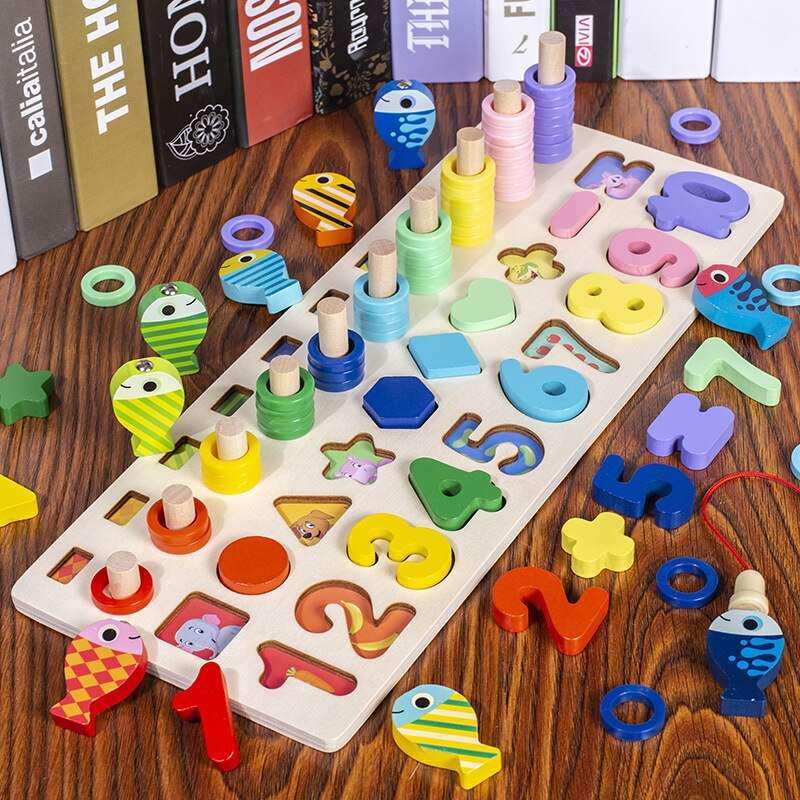 Montessori Wooden Toys For Kids Early Educational Board Math Fishing Count Numbers Matching Digital Shape Sorter Children Toy: 4 in 1  Q