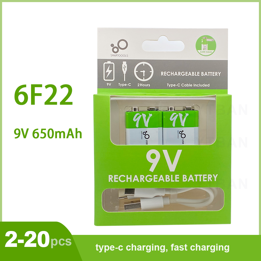 2-20pz 9V Batteria ricaricabile agli ioni di litio Ricarica USB 6F22 Batteria quadrata agli ioni di litio per metallo rivelatore KTV Microfono Giocattolo Multimetro