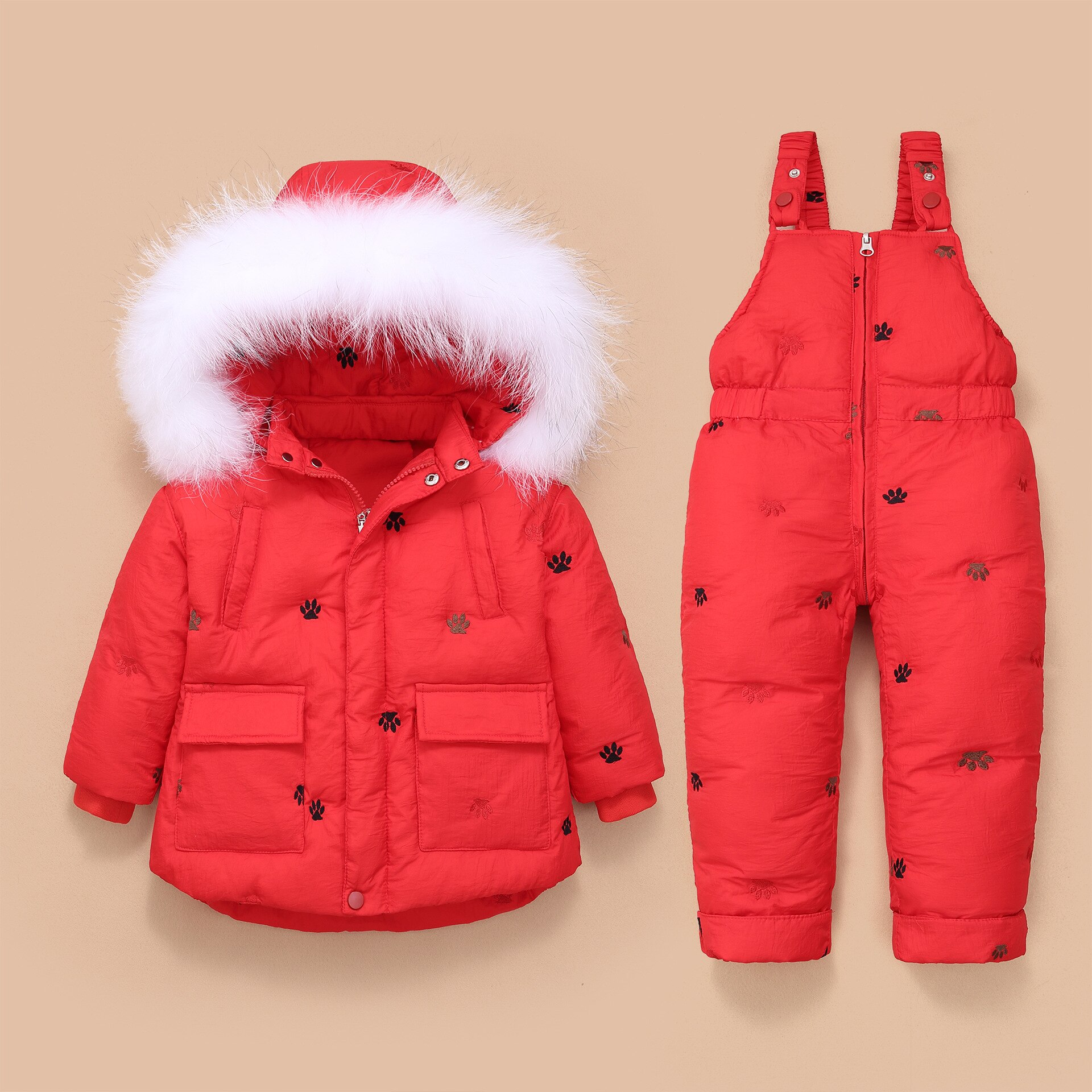 Meisjes Set Fur Hooded Jongen Baby Overalls Meisje Winter Donsjack Warme Jas Kinderen Kinderen Snowsuit Sneeuw Kleding Meisjes Kleding set: Red / 24M