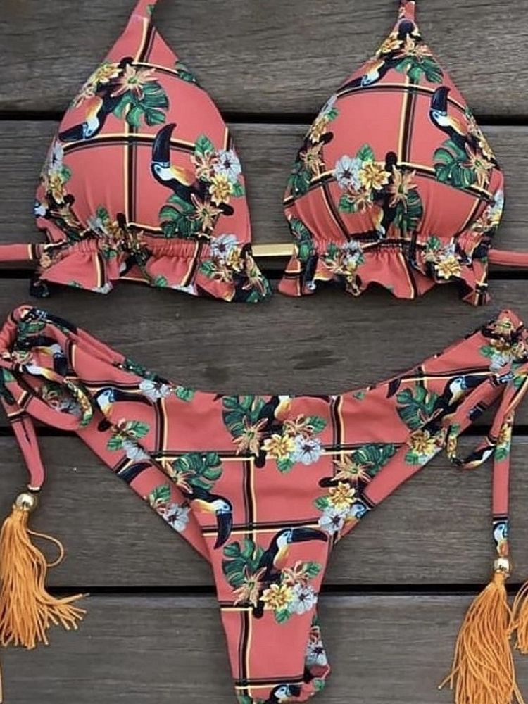 Sexy Bikini Set 2 piece Stamp Sport Swimwear Women Beachwear Push-Up Padded Swimsuit Bodysuit Exquisite Bather: S / Chocolate