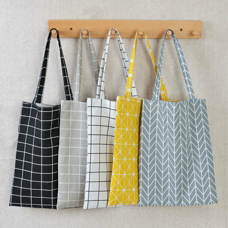 Women Cotton Linen Eco Reusable Shopping Tote Bag Plaid Shoulder Bag Black White