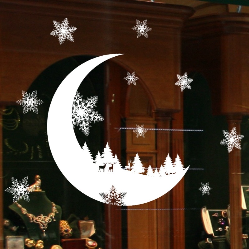Kerst Maan Bos Elektrostatische Stickers Sneeuwvlok Voor Glas Raam Muurstickers Xmas Decoratieve Decor Thuis Decals