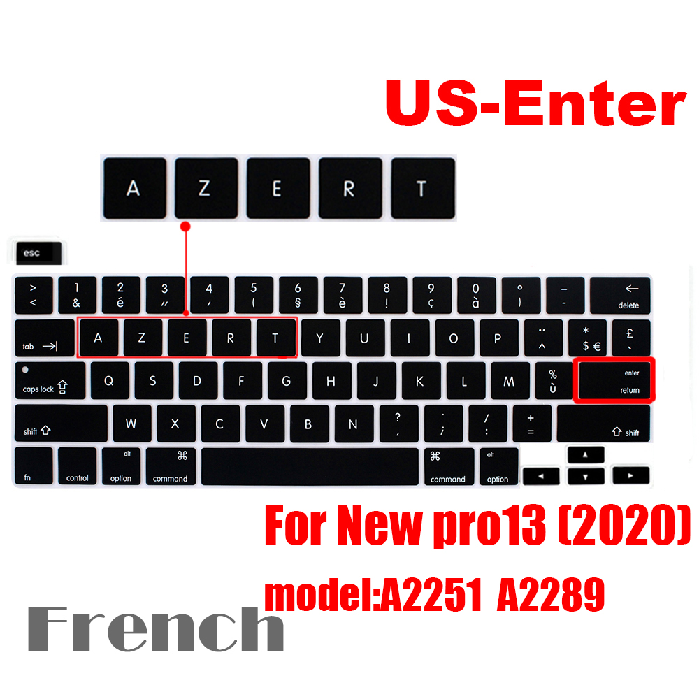 Dla macbook pro13 2020 pokrywa klawiatury Laptop folia ochronna 13 cali A2289 A2251 pokrywa klawiatury silikonowej rosyjski francuski hiszpański: US-Enter French