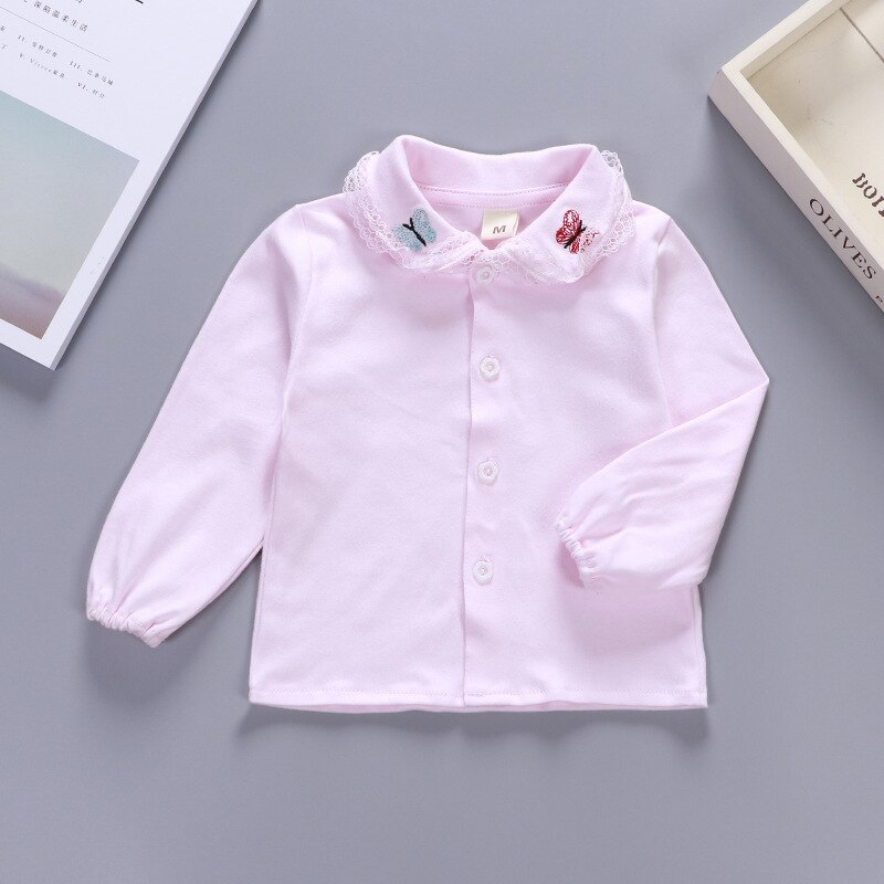 Qunq bebê meninas camisas de manga longa borboleta bordado primavera outono topos roupas único breasted cor sólida recém-nascidos camisas: Pink / 12M