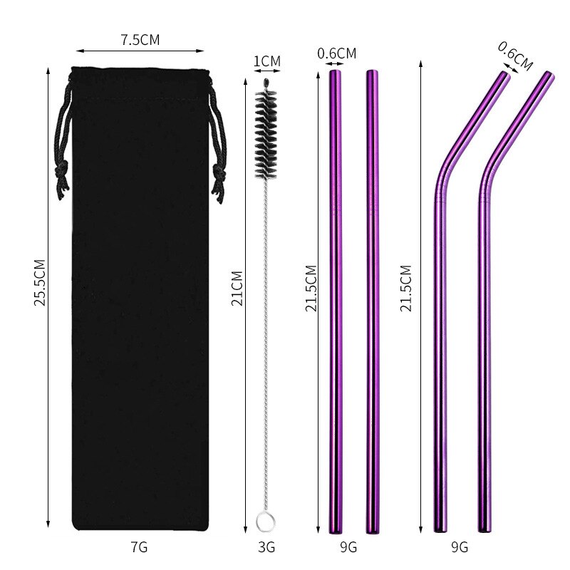 Food Grade Eco-Friendly 304 Stainless Steel Metal Straw Set with Cleaning Brush Convenient Party Milk Tea Drink Straw Reusable: G